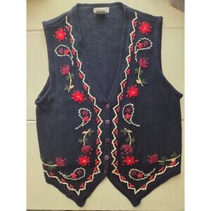 Vintage Blue Knit Vest Floral Embroidery Cottagecore Size M